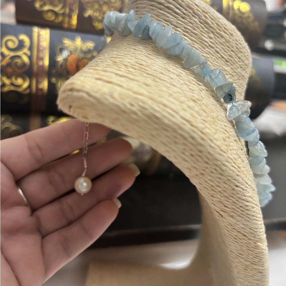 NEW Blue Aquamarine Sterling Silver With Freshwater Pearl Lariat